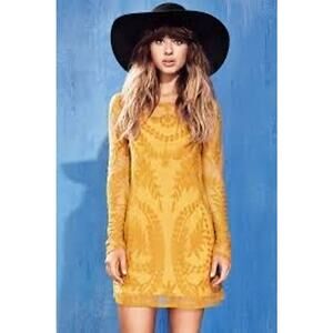 DIVIDED Mustard Yellow Lace Overlay Boho Tunic Dress or Cover-up Sz S
